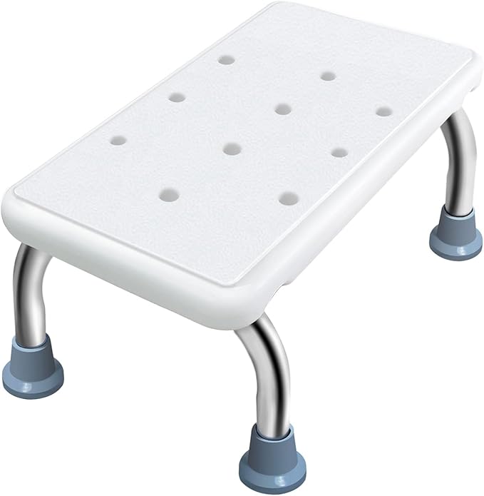 Multi-Purpose Toilet Stool – Anti-Slip Bathroom Step with Stainless Steel Legs, Drain Holes & Rubber Feet for Elderly, Kids, Daily Use (16.3×8.7×6.4in)