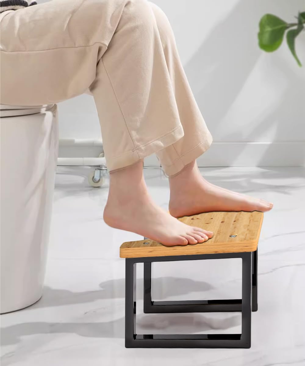 Ergonomic Wood Grain Toilet Foot Stool with Metal Frame – U-Shaped Squatting Stool for Bathroom, Non-Slip, Space-Saving, Sturdy Design