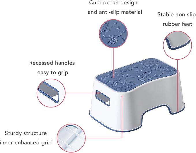 Kids Toilet Stool – Anti-Slip Wide Plastic Step Stool for Toddlers, Bathroom Training Aid with Handles, Stable & Portable (14.57×10.12×6.3in)