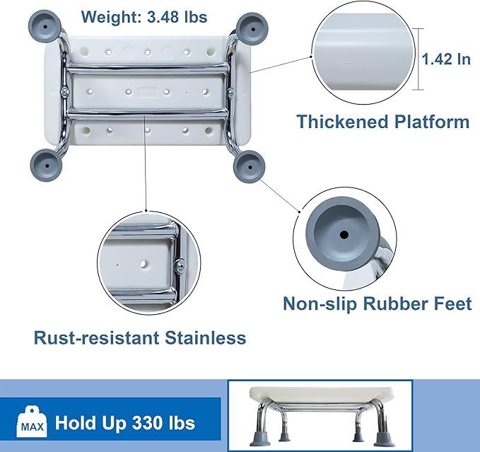 Multi-Purpose Toilet Stool – Anti-Slip Bathroom Step with Stainless Steel Legs, Drain Holes & Rubber Feet for Elderly, Kids, Daily Use (16.3×8.7×6.4in)