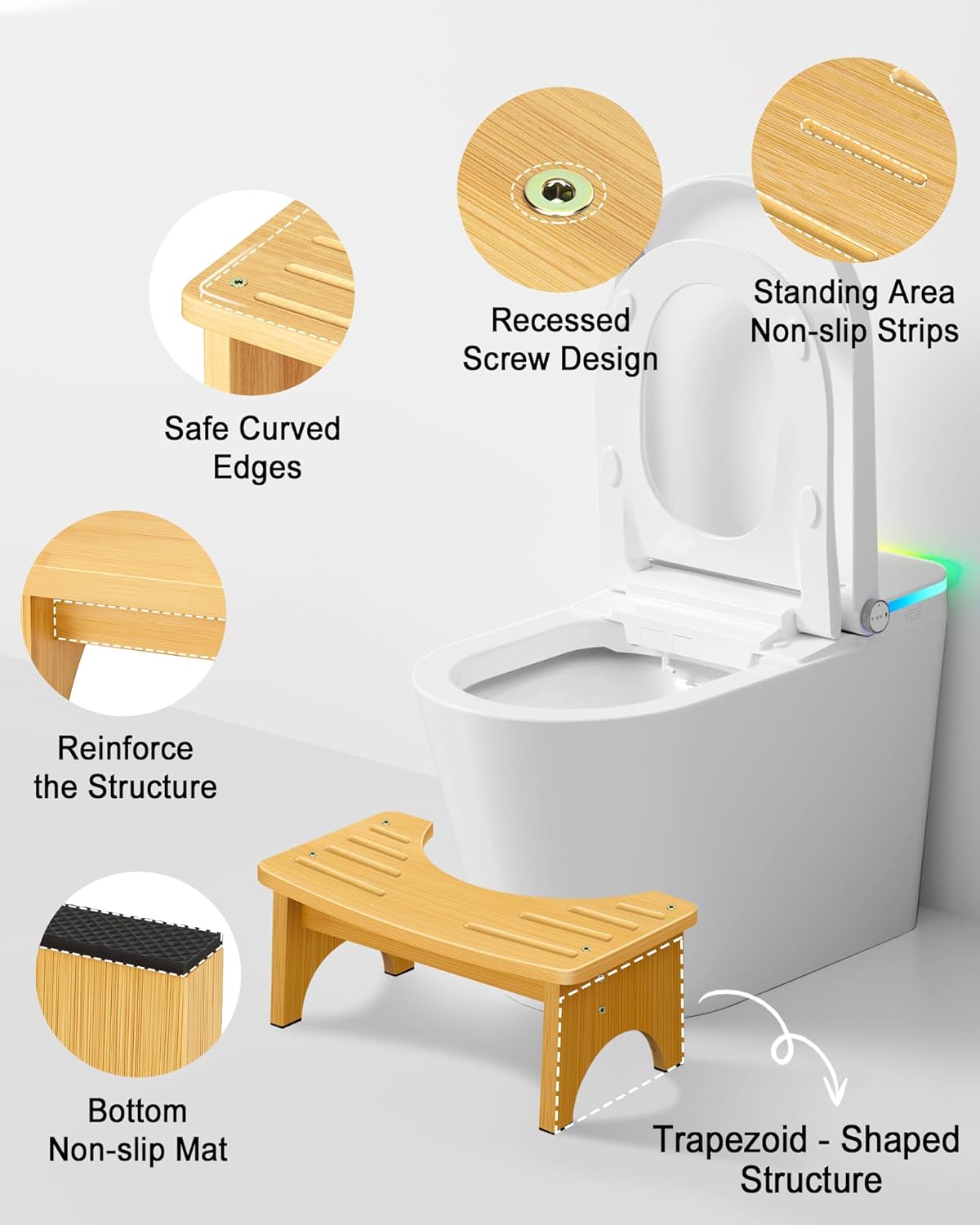 Wood Grain Toilet Stool – Ergonomic Bathroom Squatting Step for Adults & Kids, Fits Standard Toilets (15.4” Wide, 6.5” Height)