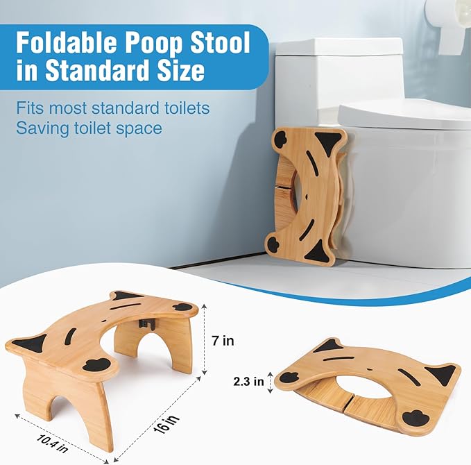 Foldable Wooden Toilet Stool – Cute Cat-Ear Design, Squatting Aid for Adults & Kids, Anti-Slip & Space-Saving Bathroom Step (16×10.4×7in)