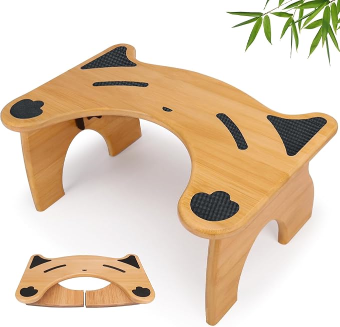 Foldable Wooden Toilet Stool – Cute Cat-Ear Design, Squatting Aid for Adults & Kids, Anti-Slip & Space-Saving Bathroom Step (16×10.4×7in)