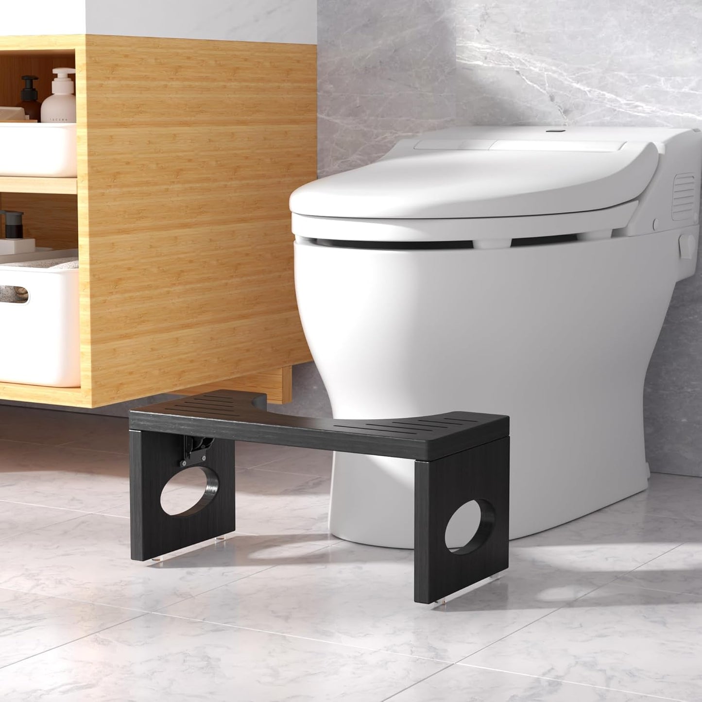 Ergonomic Black Toilet Foot Stool – Anti-Slip Bathroom Squatting Stool with U-Shaped Design for Adults, Space-Saving & Stable