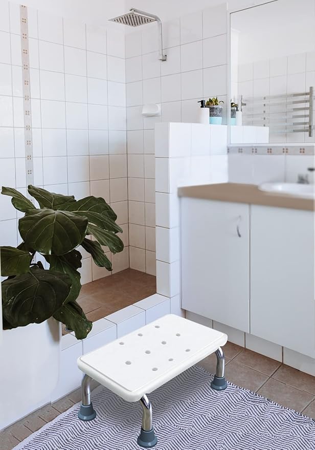 Multi-Purpose Toilet Stool – Anti-Slip Bathroom Step with Stainless Steel Legs, Drain Holes & Rubber Feet for Elderly, Kids, Daily Use (16.3×8.7×6.4in)