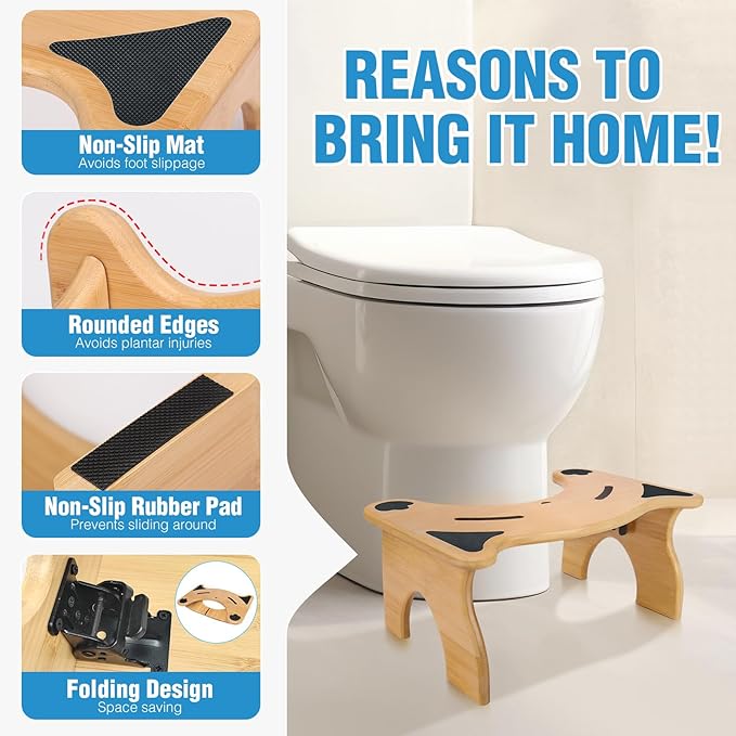 Foldable Wooden Toilet Stool – Cute Cat-Ear Design, Squatting Aid for Adults & Kids, Anti-Slip & Space-Saving Bathroom Step (16×10.4×7in)