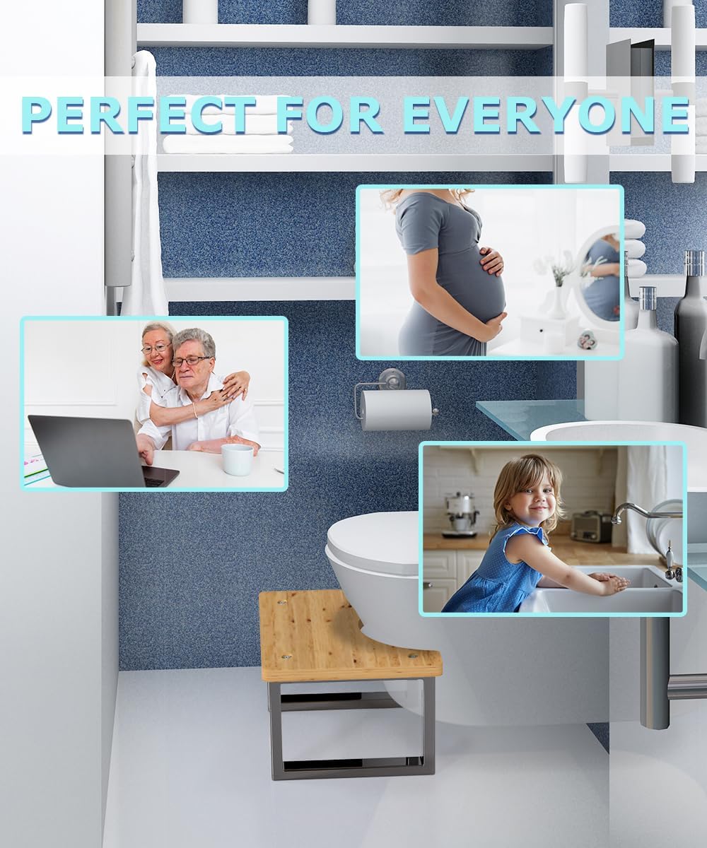 Ergonomic Wood Grain Toilet Foot Stool with Metal Frame – U-Shaped Squatting Stool for Bathroom, Non-Slip, Space-Saving, Sturdy Design