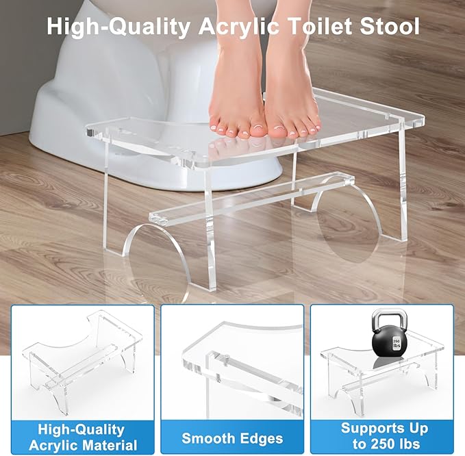 Clear Acrylic Toilet Stool – 7" Height Bathroom Squatting Aid, Ergonomic U-Shape, Modern Transparent Design (15.7×9.4×7in)