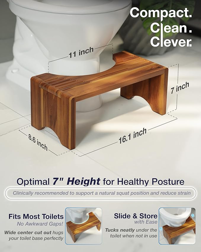 Solid Wood Toilet Stool – 7" Height Squatting Aid for Adults & Kids, Ergonomic U-Shaped Anti-Slip Bathroom Step (16.1×8.6×7in)