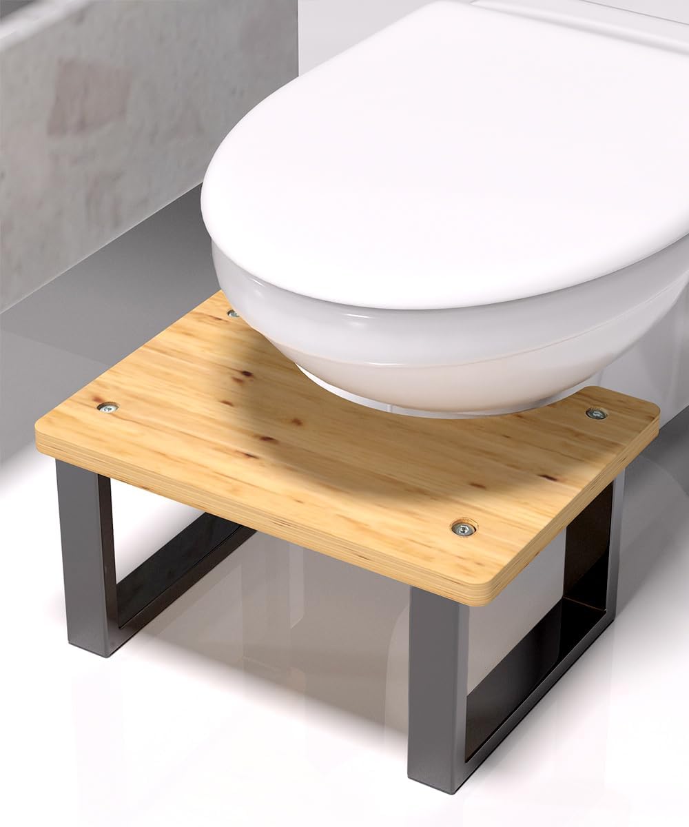 Ergonomic Wood Grain Toilet Foot Stool with Metal Frame – U-Shaped Squatting Stool for Bathroom, Non-Slip, Space-Saving, Sturdy Design