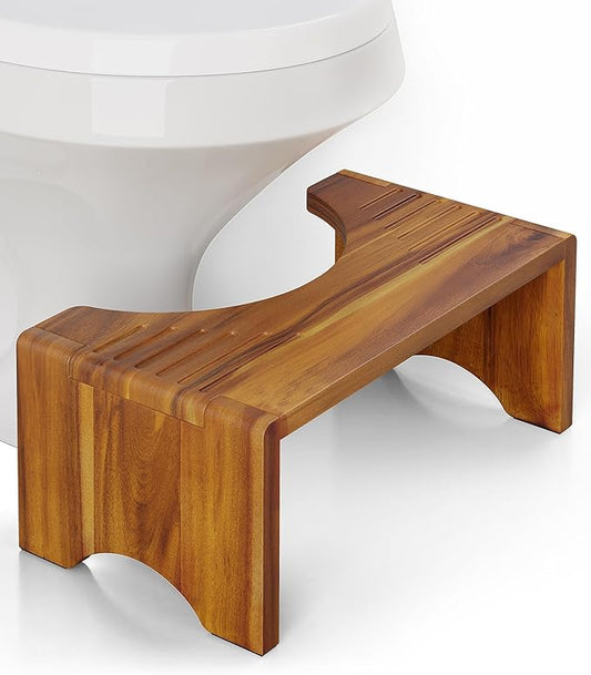 Solid Wood Toilet Stool – 7" Height Squatting Aid for Adults & Kids, Ergonomic U-Shaped Anti-Slip Bathroom Step (16.1×8.6×7in)